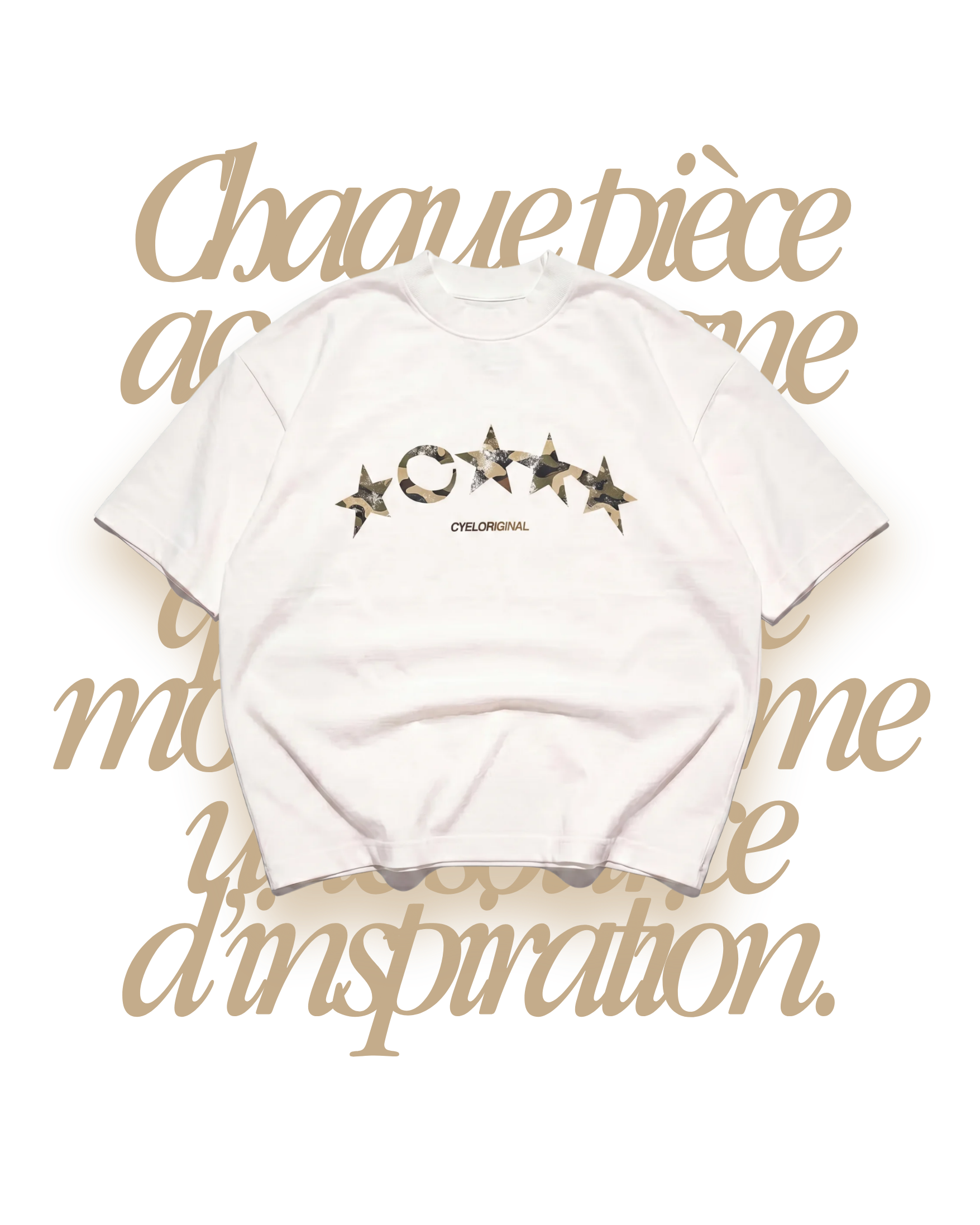 Tee Étoiles — Blanc, logo beige